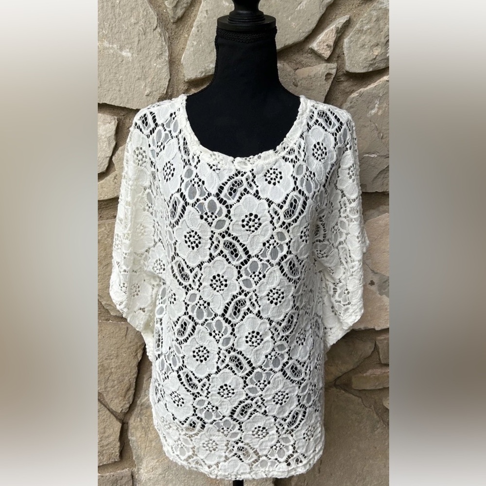 Rancho Estancia Crochet Top‎ Small Ivory Short Sleeve Bat Wing Excellent